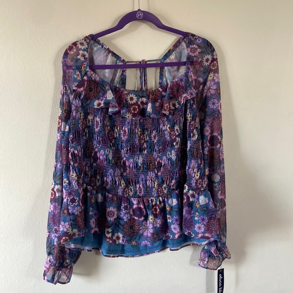 Blue Purple Floral Lauren Conrad Sheer Stretchy Top long sleeve 3x plus - Picture 2 of 7